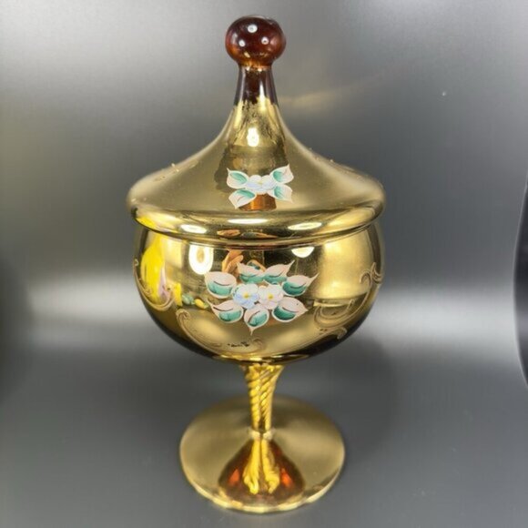 Venetian Glass Candy Dish Container Jar Apothecary Jar Painted Italian Glass VTG - Picture 13 of 16